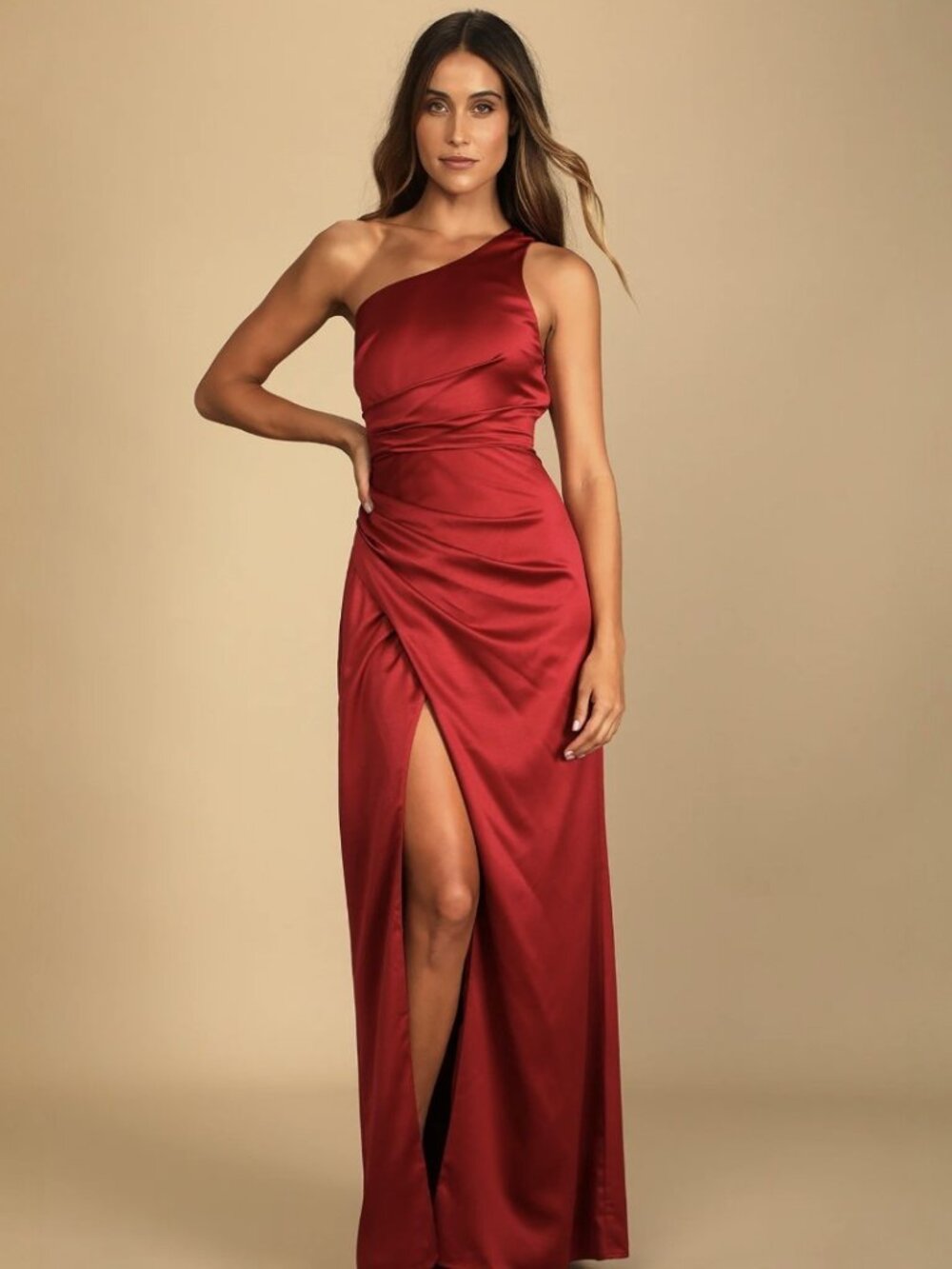 Lulus Dreaming of Elegance Wine Red Satin One-Shoulder Maxi Dress NWT